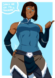 Rule 34 | 1girl, ?, absurdres, avatar legends, blue background, blue eyes, border, breasts, brown hair, commentary, covered navel, cowboy shot, dark-skinned female, dark skin, english commentary, english text, hand on own hip, highres, korra, looking at viewer, mastrocecchi, medium breasts, short hair, simple background, solo, speech bubble, the legend of korra, white border