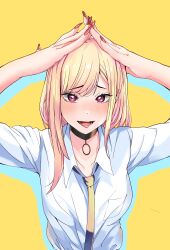 Rule 34 | 1girl, :d, absurdres, arms up, black collar, blonde hair, blush, breast pocket, breasts, collar, collarbone, collared shirt, cropped legs, dot nose, drop shadow, ear piercing, hand on own head, highres, kagura-chitose (pixiv 68338191), kitagawa marin, long hair, looking at viewer, medium breasts, nail polish, necktie, o-ring collar, open mouth, piercing, pocket, red eyes, red nails, school uniform, shirt, smile, solo, sono bisque doll wa koi wo suru, teeth, uniform, white shirt, yellow background, yellow necktie