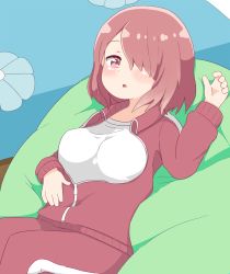 Rule 34 | 1girl, bean bag chair, blush, breasts, brown eyes, brown hair, commentary request, cushion, hair over one eye, highres, hoshino miyako (wataten), jacket, large breasts, long sleeves, looking at viewer, lying, mitsukiro, on back, open clothes, open jacket, open mouth, pants, reclining, red jacket, red pants, shirt, short hair, solo, track jacket, track pants, track suit, watashi ni tenshi ga maiorita!, white shirt