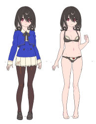 Rule 34 | 1girl, absurdres, ahoge, arms at sides, bare arms, bare legs, bare shoulders, barefoot, black bra, black footwear, black hair, black panties, black ribbon, blue jacket, bow, bow panties, bra, breast padding, breasts, brown pantyhose, buttons, closed mouth, cropped jacket, double-breasted, enkyo yuuichirou, freckles, grey hair, hair between eyes, hair over eyes, hand up, highres, jacket, loafers, long sleeves, looking at viewer, medium hair, multicolored hair, multiple views, navel, neck ribbon, original, panties, pantyhose, pleated skirt, purple hair, red eyes, ribbon, shoes, simple background, skirt, small breasts, standing, two-tone hair, underwear, underwear only, variations, white background, white skirt