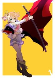 Rule 34 | 1girl, absurdres, aiguillette, animal print, ankle boots, arm up, bad id, bad pixiv id, belt, belt buckle, blonde hair, boots, border, breasts, brown footwear, buckle, cape, closed mouth, commentary request, daiba nana, epaulettes, floating cape, frog print, full body, fur-trimmed jacket, fur trim, gold trim, green eyes, green ribbon, grey skirt, hair ribbon, hand on own stomach, hand up, highres, holding, holding sheath, jacket, jacket on shoulders, katana, looking at viewer, medium breasts, miniskirt, mutsuki riichi, outside border, outstretched arm, pleated skirt, red cape, red jacket, red sash, ribbon, sash, sheath, sheathed, short hair, short twintails, shoujo kageki revue starlight, simple background, single stripe, skirt, solo, sparkle, standing, striped clothes, striped skirt, swept bangs, sword, tassel, twintails, weapon, white border, white jacket, yellow background, yellow belt