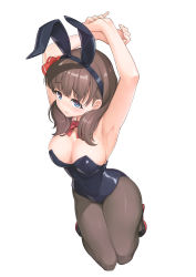 Rule 34 | 1girl, absurdres, animal ears, armpits, arms up, arukiru, black leotard, black pantyhose, blue eyes, bow, bowtie, breasts, brown hair, cleavage, commentary request, detached collar, fake animal ears, hair ribbon, highres, idolmaster, idolmaster cinderella girls, leotard, medium breasts, medium hair, pantyhose, playboy bunny, rabbit ears, rabbit tail, red bow, red bowtie, ribbon, sakuma mayu, simple background, solo, strapless, strapless leotard, tail, white background