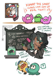 Rule 34 | 1boy, 1girl, ?, beamed eighth notes, black hair, black jacket, callie (splatoon), cap&#039;n cuttlefish, chalkboard, commentary, controller, cosplay, cropped torso, dark-skinned female, dark skin, english commentary, english text, game controller, gomipomi, gradient hair, green eyes, green hair, hand to own mouth, highres, holding, holding controller, holding game controller, jack skellington, jack skellington (cosplay), jacket, long hair, long sleeves, marie (splatoon), mole, mole under eye, motion lines, multicolored hair, musical note, nintendo, nintendo switch, octopus, parody, pearl (splatoon), santa costume, splatoon (series), spoken question mark, squid, standing, striped, suction cups, the nightmare before christmas, vertical stripes