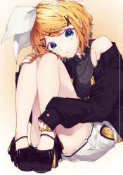 Rule 34 | 1girl, black coat, black footwear, black shirt, blonde hair, blue eyes, bow, coat, hair bow, hair ornament, hairclip, hand on own knee, highres, jewelry, kagamine rin, long sleeves, looking at viewer, manya sora, nail polish, open clothes, open coat, parted lips, pendant, shirt, short hair, short shorts, shorts, sitting, sleeveless, sleeveless shirt, sleeves past wrists, solo, vocaloid, white bow, white shorts, x hair ornament, yellow nails