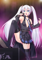 Rule 34 | 1girl, amplifier, armpits, bare shoulders, belt, black thighhighs, blue eyes, blush, boots, breasts, choker, cleavage, detached sleeves, frown, hagane miku, hagane vocaloid, hatsune miku, heavy metal, jewelry, leg up, long hair, microphone, miyai sen, music, nail polish, necktie, open mouth, panties, pantyshot, ring, silver hair, singing, solo, stage, striped clothes, striped panties, thigh boots, thighhighs, twintails, underwear, upskirt, very long hair, vocaloid