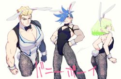 Rule 34 | 3boys, animal ears, ass, black legwear, black neckwear, blonde hair, blue hair, bow, bowtie, rabbit ears, rabbit tail, clenched hands, detached collar, fake animal ears, fake tail, galo thymos, green hair, igote, kray foresight, leotard, lio fotia, male focus, male playboy bunny, multiple boys, muscular, one eye closed, pantyhose, playboy bunny, promare, red eyes, sagemaru-br, simple background, spiked hair, tail, white background, wrist cuffs