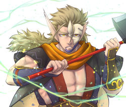 Rule 34 | 1boy, aquaplus, arms up, blonde hair, cape, gauntlets, greatsword, holding, holding sword, holding weapon, long hair, looking at viewer, manyu274, mask, messy hair, mikazuchi (utawarerumono), muscular, muscular male, nose, open clothes, orange scarf, pointy ears, scarf, short sleeves, solo, sword, upper body, utawarerumono, utawarerumono: itsuwari no kamen, variations, very long hair, weapon, yellow eyes