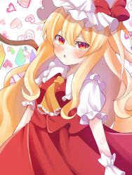 Rule 34 | 1girl, :o, alternate hair length, alternate hairstyle, ascot, blonde hair, blush, bow, breasts, commentary request, cowboy shot, crystal, dorowa (drawerslove), flandre scarlet, frilled shirt collar, frills, hair between eyes, hat, hat bow, heart, heart background, highres, long hair, looking at viewer, mob cap, puffy short sleeves, puffy sleeves, red bow, red eyes, red skirt, red vest, short sleeves, simple background, skirt, skirt set, small breasts, solo, touhou, very long hair, vest, white background, white hat, wings, wrist cuffs, yellow ascot