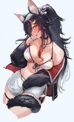Rule 34 | 1girl, alternate costume, animal ear fluff, animal ears, bikini, bikini under shorts, black hair, black jacket, blush, breasts, choker, cropped legs, front-tie bikini top, front-tie top, hair ornament, hairclip, highres, hololive, jacket, long hair, looking at viewer, menomeno draw, multicolored hair, off shoulder, official alternate costume, ookami mio, ookami mio (hololive summer 2019), open clothes, open jacket, red hair, shorts, side-tie bikini bottom, sidelocks, simple background, solo, strap lift, streaked hair, swimsuit, tail, tail around own leg, tail wrap, two-tone hair, virtual youtuber, white shorts, wolf ears, wolf girl, wolf tail, yellow eyes