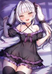 Rule 34 | 1girl, :d, black dress, black thighhighs, blush, breasts, dress, fang, grey hair, hair ornament, hair ribbon, hair scrunchie, highres, hololive, long hair, looking at viewer, lying, murasaki shion, off shoulder, on back, on bed, open mouth, ribbon, scrunchie, short sleeves, smile, solo, thighhighs, twintails, virtual youtuber, yellow eyes, yuano