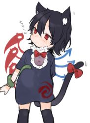 Rule 34 | 1girl, animal ear fluff, animal ears, asymmetrical wings, black dress, black hair, black thighhighs, blush, bow, cat ears, cat tail, chibi, dress, houjuu nue, jewelry, kemonomimi mode, looking to the side, makita (vector1525), red bow, red eyes, short hair, simple background, snake, solo, tail, tail bow, tail ornament, thighhighs, touhou, white background, wings, zettai ryouiki