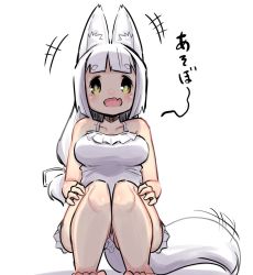 Rule 34 | +++, 1girl, :d, animal ear fluff, animal ears, bad id, bad pixiv id, bare legs, bare shoulders, barefoot, blush, breasts, collarbone, dress, fang, fox ears, fox girl, fox tail, hair ribbon, large breasts, long hair, looking at viewer, open mouth, original, ribbon, shadow, simple background, sleeveless, sleeveless dress, smile, solo, squatting, tail, translated, u-non (annon&#039;an), very long hair, white background, white dress, white hair, white ribbon, yellow eyes