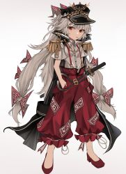 Rule 34 | 1girl, absurdres, belt, belt buckle, black cape, buckle, cape, chain, cigarette, collared shirt, fujiwara no mokou, full body, hair between eyes, hands in pockets, hat, highres, holding, holding cigarette, light blush, long hair, looking at viewer, mouth hold, ofuda, ofuda on clothes, ougiikun, pants, puffy pants, red eyes, red footwear, red pants, ribbon, ribbon-trimmed pants, shirt, shoes, short sleeves, simple background, solo, standing, strap, torn clothes, torn hat, touhou, visor cap, white background, white hair, white ribbon, white shirt