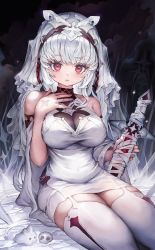 Rule 34 | 1girl, bare shoulders, breasts, closed mouth, dress, highres, holding, holding sword, holding weapon, large breasts, long hair, looking at viewer, original, red eyes, sleeveless, sword, thighhighs, veil, voruvoru, weapon, white dress, white hair, white thighhighs