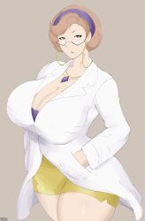 Rule 34 | 1girl, absurdres, aged down, breasts, brown hair, cleavage, creatures (company), erov saaaka, eyewear strap, game freak, gem, glasses, green eyes, hands in pockets, headband, highres, jewelry, lab coat, large breasts, magnolia (pokemon), mature female, necklace, nintendo, pokemon, pokemon swsh, short hair, shorts, simple background, solo