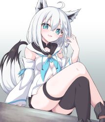 Rule 34 | 1girl, ahoge, animal ear fluff, animal ears, black footwear, black shorts, black thighhighs, blue neckerchief, blush, braid, breasts, commentary request, crossed legs, detached sleeves, earrings, extra ears, fox ears, fox girl, fox tail, green eyes, hair between eyes, highres, hololive, hood, hoodie, jewelry, long hair, looking at viewer, mochizuki hull, neckerchief, open mouth, pentagram, shirakami fubuki, shirakami fubuki (1st costume), short shorts, shorts, sidelocks, single braid, single thighhigh, sitting, small breasts, smile, solo, tail, thigh strap, thighhighs, virtual youtuber, white hair, white hoodie