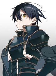Rule 34 | 1boy, armor, black cape, black hair, black shirt, breastplate, brown eyes, cape, closed mouth, commentary request, from side, gradient background, grey background, hair between eyes, kirito, kochi (wwwkyck), long sleeves, looking at viewer, male focus, shirt, short hair, simple background, smile, solo, sword art online, upper body