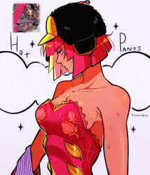Rule 34 | 1girl, absurdres, alternate breast size, armpit crease, bob cut, breasts, character name, cleavage, collarbone, commentary, english commentary, green lips, hat, highres, hot pants (sbr), huyandere, jojo no kimyou na bouken, large breasts, leotard, pink hair, pink leotard, profile, reference inset, solo, sparkle, steel ball run, strapless, strapless leotard, sweat