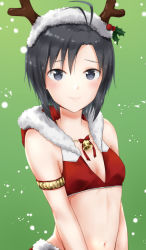 Rule 34 | 1girl, antenna hair, antlers, armlet, bare shoulders, bell, black eyes, black hair, blush, bow, breasts, closed mouth, fur trim, green background, highres, holly, hood, hood down, horns, idolmaster, idolmaster (classic), idolmaster 2, kikuchi makoto, looking at viewer, mogskg, multicolored hair, navel, red bow, reindeer antlers, short hair, simple background, small breasts, smile, snowing, solo, stomach, streaked hair, tareme, upper body, v arms