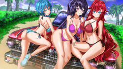 Rule 34 | 3girls, alternate breast size, ass, back, bikini, black hair, blue bikini, blue eyes, blue hair, blue sky, breasts, car, cleavage, closed mouth, cloud, cloudy sky, commentary, commission, day, dutch angle, english commentary, female focus, halterneck, high school dxd, highres, himejima akeno, horizon, kein hasegawa, knee up, large breasts, leaning forward, leaning to the side, long hair, looking at viewer, looking back, mixed-language commentary, motor vehicle, multiple girls, navel, on vehicle, outdoors, palm tree, parted lips, purple bikini, purple eyes, red bikini, red hair, rias gremory, short hair, side-tie bikini bottom, sitting, sky, smile, standing, stomach, string bikini, swimsuit, thong, thong bikini, tree, xenovia quarta, yellow eyes