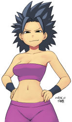 Rule 34 | 10s, 1girl, armband, bare shoulders, big hair, black eyes, black hair, breasts, caulifla, cleavage, dated, dragon ball, dragon ball super, groin, hands on own hips, looking at viewer, midriff, navel, simple background, smile, smirk, solo, tsukudani (coke-buta), white background