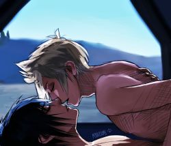 Rule 34 | 10s, 2boys, black hair, blonde hair, camping, final fantasy, final fantasy xv, kiss, lying on person, male focus, multiple boys, noctis lucis caelum, outdoors, prompto argentum, square enix, tent, topless male, undressing, yaoi