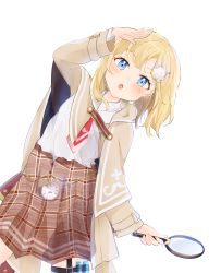 Rule 34 | 1girl, absurdres, blonde hair, blue eyes, blush, breasts, collared shirt, detective, highres, hololive, hololive english, holomyth, looking at viewer, magnifying glass, open mouth, red neckwear, shirt, short hair, simple background, skirt, solo, virtual youtuber, watson amelia, watson amelia (1st costume), white shirt