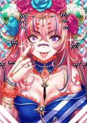 Rule 34 | 1girl, blue eyes, blue flower, bow, bracelet, breasts, cleavage, commentary request, flower, hair between eyes, hair flower, hair ornament, highres, horns, jewelry, large breasts, looking at viewer, nail polish, original, pink eyes, pink nails, red flower, sakiyamama, solo, tongue, tongue out
