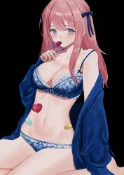 Rule 34 | 1girl, absurdres, bandaid, barefoot, black background, blue bra, blue eyes, blue jacket, blue panties, blue ribbon, blush, bra, breast suppress, breasts, candy, closed mouth, collarbone, food, groin, hair ribbon, heart, heart-shaped lollipop, highres, holding, holding food, injury, jacket, large breasts, light smile, lollipop, long hair, looking at viewer, navel, no pants, off shoulder, open clothes, open jacket, original, panties, pink hair, plaid, plaid bra, plaid panties, ribbon, shaped lollipop, simple background, sitting, solo, strap slip, underwear, youichi (45 01)