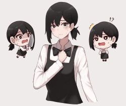 Rule 34 | !?, 1girl, ^^^, apron, black apron, black bow, black bowtie, black eyes, black hair, bow, bowtie, bright pupils, chainsaw man, chibi, closed mouth, collared shirt, commentary request, cropped torso, dress shirt, gmi (jimmyovob), hand on own chest, higashiyama kobeni, holding, holding knife, knife, long hair, long sleeves, looking at viewer, mole, mole on cheek, mole under eye, mole under mouth, multiple views, open mouth, ponytail, shirt, short hair, short ponytail, simple background, sweat, white background, white pupils, white shirt
