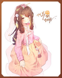 Rule 34 | 1girl, bell, blonde hair, blush, brown eyes, brown hair, closed mouth, clothes lift, flower, framed, hair flower, hair ornament, hairclip, hairpin, hanbok, highres, jingle bell, korean clothes, korean streamer, long hair, long sleeves, looking at viewer, multicolored hair, new year, original, pink flower, pink rose, pink shirt, rose, se.a, shirt, sidelocks, skirt, skirt hold, smile, solo, streamers, tam tambourine, two-tone hair, veil, wavy hair, white background, yellow skirt