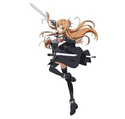 Rule 34 | 10s, 1girl, armpits, asuna (sao), black dress, black thighhighs, boots, brown eyes, brown hair, detached sleeves, dress, full body, highres, holding, holding sword, holding weapon, long hair, official art, simple background, solo, sword, sword art online, sword art online: code register, thighhighs, weapon, white background