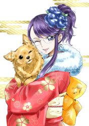 Rule 34 | 1girl, :d, alternate hairstyle, animal, chinese zodiac, dog, floral print, flower, fur trim, glasses, hair flower, hair ornament, heartcatch precure!, holding, holding animal, japanese clothes, kimono, looking at viewer, new year, obi, one eye closed, open mouth, pomeranian (dog), precure, print kimono, purple eyes, purple hair, sash, short hair, smile, solo, tsukikage oyama, tsukikage yuri, upper body, year of the dog