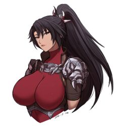 Rule 34 | 1girl, black hair, breasts, brown eyes, cleavage, highres, large breasts, lipstick, long hair, makeup, omiza somi, solo, soul calibur, taki (soulcalibur), upper body, white background