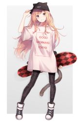 Rule 34 | 1girl, animal ears, black hat, black pants, blonde hair, blue eyes, cat ears, clothes writing, dabadhi, full body, grey background, grin, hat, highres, holding, holding skateboard, long hair, long shirt, looking at viewer, original, outside border, pants, shirt, shoes, sidelocks, simple background, skateboard, smile, sneakers, solo
