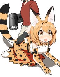 Rule 34 | 10s, 2girls, all fours, animal ears, animal print, bare shoulders, black gloves, black hair, blonde hair, blush, boots, bow, bowtie, chestnut mouth, elbow gloves, gloves, hair dryer, hand on another&#039;s ass, head out of frame, kaban (kemono friends), kemono friends, looking away, multiple girls, open mouth, parody, red shirt, serval (kemono friends), serval print, serval tail, shirt, short hair, simple background, skirt, sleeveless, sudou noboru, t-shirt, tail, white background, white shirt, yellow eyes