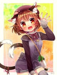 Rule 34 | 1girl, alternate costume, alternate hairstyle, animal ears, autumn, bag, beret, blush, braid, breasts, brown hair, buttons, cat ears, cat tail, chen, cowboy shot, earrings, eyebrows, fangs, hair tie, handbag, hat, heart, highres, ibaraki natou, jewelry, leaf, leaf background, long sleeves, looking at viewer, multicolored eyes, multiple tails, nekomata, open mouth, orange eyes, over shoulder, overalls, paw print, purple hat, red pupils, red ribbon, ribbon, satchel, small breasts, solo, strap slip, sweater, tail, tail ornament, tail ribbon, teeth, thighhighs, touhou, turtleneck, twin braids, two tails, waving, yellow eyes