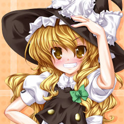 Rule 34 | 1girl, bad id, bad pixiv id, blonde hair, bow, colorized, female focus, gotou nao, grin, hair bow, hand on own hip, hat, highres, kirisame marisa, long hair, lozelia, smile, solo, touhou, upper body, witch, witch hat, yellow eyes