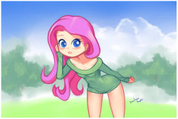 Rule 34 | 1girl, blue eyes, blush, breasts, cloud, collarbone, drantyno, female focus, fluttershy, grass, green sweater, hasbro, leaning forward, long hair, long sleeves, looking at viewer, my little pony, my little pony: equestria girls, my little pony: friendship is magic, off shoulder, open mouth, outdoors, pink hair, sky, small breasts, solo, standing, sweater, teeth, tree