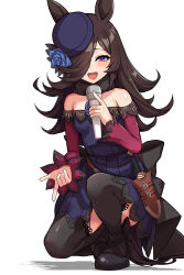 Rule 34 | 1girl, absurdres, animal ears, ao (user xcnx5328), back bow, belt, black bow, black footwear, black hair, black thighhighs, blue dress, blue flower, blue hat, blue rose, blush, bow, brown belt, commentary request, dagger, dress, flower, fur collar, hair over one eye, half-closed eyes, hat, hat flower, highres, holding, holding microphone, horse ears, horse girl, knife, korean commentary, large bow, long hair, long sleeves, looking at viewer, microphone, off-shoulder dress, off shoulder, on one knee, open mouth, pointing, purple eyes, rice shower (umamusume), rose, sheath, sheathed, shoes, short dress, simple background, smile, solo, thighhighs, tilted headwear, umamusume, weapon, white background