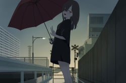 Rule 34 | 1girl, :d, black hair, building, fence, highres, lamppost, long hair, oissu tiwassu, open mouth, original, outdoors, red eyes, smile, solo, umbrella, w