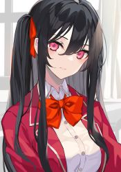 Rule 34 | 1girl, absurdres, black hair, blazer, bow, bowtie, closed mouth, collared shirt, expressionless, hair ribbon, highres, jacket, light blush, long hair, looking at viewer, loose bowtie, original, red bow, red bowtie, red eyes, red jacket, red ribbon, ribbon, shirt, solo, takehana note, two side up, upper body, white shirt
