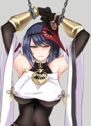 Rule 34 | 1girl, armpits, arms up, bare shoulders, bdsm, black gloves, blue hair, bondage, bound, breasts, chain, chained, clenched teeth, detached sleeves, elbow gloves, genshin impact, gloves, highres, kujou sara, large breasts, looking at viewer, mask, mask on head, restrained, short hair, sleeveless, solo, teeth, tied up (nonsexual), upper body, v-shaped eyebrows, watarase piro, yellow eyes