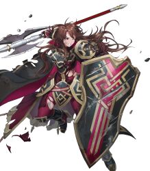 Rule 34 | 1girl, alternate costume, arm guards, armor, armored boots, armored dress, axe, battle axe, boots, breastplate, broken, broken armor, broken weapon, brown eyes, brown hair, cape, clenched teeth, dai-xt, faulds, feather trim, fingerless gloves, fire emblem, fire emblem: mystery of the emblem, fire emblem heroes, gloves, gold trim, high heel boots, high heels, highres, holding, holding shield, holding weapon, leggings, long hair, long sleeves, nintendo, non-web source, official alternate costume, official art, one eye closed, parted lips, sheena (fire emblem), shield, shoulder armor, solo, standing, teeth, torn cape, torn clothes, torn leggings, transparent background, turtleneck, weapon