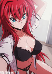 Rule 34 | 1girl, arm up, blue eyes, bow, bow bra, bow panties, bra, breasts, cleavage, flou (flou art), high school dxd, highres, large breasts, lingerie, long hair, looking at viewer, navel, open clothes, outstretched arm, panties, patreon username, red hair, rias gremory, selfie, short sleeves, smile, solo, squatting, underwear