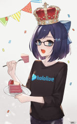 Rule 34 | 1girl, artist name, birthday, birthday cake, black-framed eyewear, black shirt, blue bow, blue eyes, blue hair, blue pants, blush, bow, cake, clothes writing, collarbone, commentary, confetti, copyright name, cowboy shot, crown, denim, eating, flat chest, food, food on face, fork, fruit, glasses, grey background, hair bow, hair ornament, hairclip, highres, holding, holding fork, holding plate, hololive, jeans, jun wei, looking at viewer, open mouth, pants, plate, shirt, short hair, short sleeves, signature, simple background, smile, solo, strawberry, t-shirt, v-neck, virtual youtuber, a-chan (hololive)