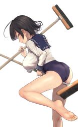 Rule 34 | 1girl, absurdres, ahoge, ass, bare legs, barefoot, between legs, black hair, bob cut, breasts, bright pupils, broom, broom riding, closed mouth, feet, from behind, from side, highres, large breasts, long sleeves, looking at viewer, looking back, medium hair, mochoi soku, mole, mole under eye, one-piece swimsuit, original, pink eyes, profile, sailor collar, school swimsuit, school uniform, serafuku, shirt overhang, simple background, skirt, unworn skirt, smile, soles, solo, swimsuit, toes, tsurime, wavy mouth