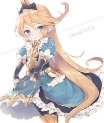 Rule 34 | 1girl, armor, black bow, blonde hair, blue dress, blue eyes, blush, bow, breastplate, character name, charlotta (granblue fantasy), closed mouth, dotted line, dress, enomoto hina, faulds, granblue fantasy, hair between eyes, hair bow, harvin, juliet sleeves, long hair, long sleeves, looking at viewer, pointy ears, puffy sleeves, sidelocks, skirt basket, solo, swept bangs, very long hair, white background