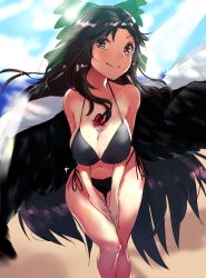 Rule 34 | 1girl, asuzemu, bad anatomy, bad perspective, big hair, bikini, black bikini, black hair, black wings, blue sky, blurry, blurry background, bow, breasts, brown eyes, cape, day, feathered wings, hair bow, hanging breasts, highres, hip focus, large breasts, leaning forward, light rays, long hair, looking at viewer, ocean, outdoors, reiuji utsuho, sideways glance, sky, smile, solo, sparkle, string bikini, sunbeam, sunlight, swimsuit, thighs, third eye, touhou, very long hair, wind, wings
