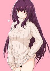 Rule 34 | 1girl, breasts, fate/grand order, fate (series), hair between eyes, highres, kazuma muramasa, large breasts, long hair, long sleeves, looking at viewer, pink background, purple hair, red eyes, ribbed sweater, scathach (fate), sweater, thighs, turtleneck, turtleneck sweater, white sweater